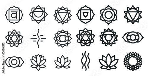 Chakra and zen icons set – outline, linear symbols for meditation and balance
