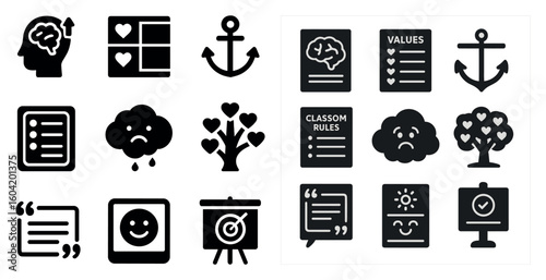 Mental health filled icons set – solid, wellness, self-care symbols