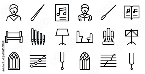 Music and choir outline icons set – linear, line, and symphony symbols