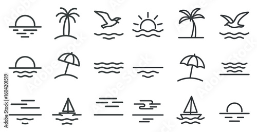 Beach and sun line icons set – outline, linear, coastal and seaside symbols