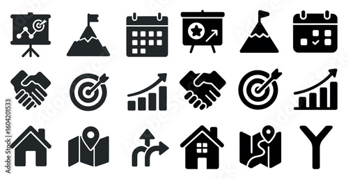 Business and strategy solid icons set – filled, corporate, planning visuals