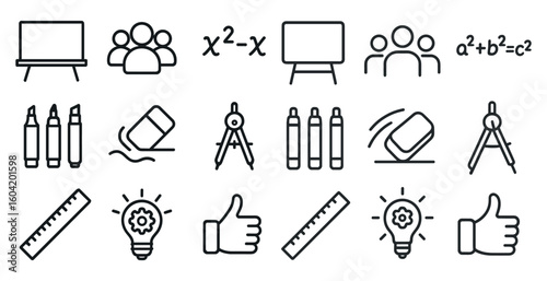 Mathematics and education line icons set – outline, vector, academic symbols
