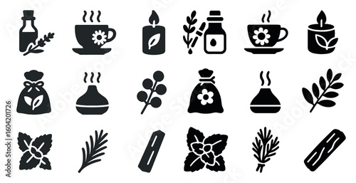 Aromatherapy silhouette icons set – essential oils, relaxation, wellness symbols