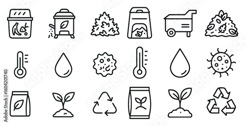Gardening and composting outline icons set – linear, environmental, recycling symbols