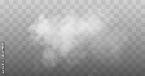 Realistic white smoke or fog cloud vector on transparent background. Isolated soft mist effect for overlay, explosion, or vapor steam.