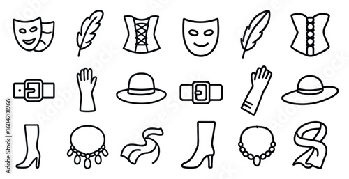 Theater and costume outline icons set – silhouette, linear, drama and fashion symbols