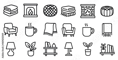 Home and living outline icons set – furniture, decor, interior design elements
