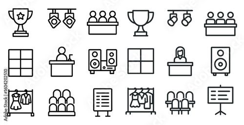 Event and presentation outline icons set – linear, filled, conference and seminar