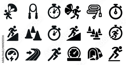 Fitness and exercise solid icons set – silhouette, filled, workout and training symbols