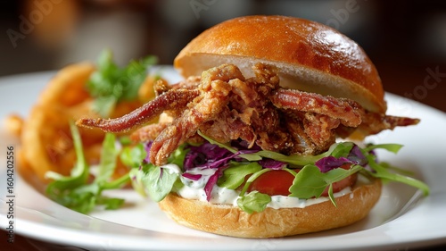 Soft shell crab sandwich is topped with fresh greens and served with crispy curly fries.