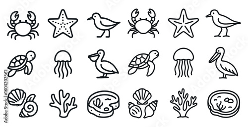 Marine life outline icons set – aquatic, beach, ocean symbols for design