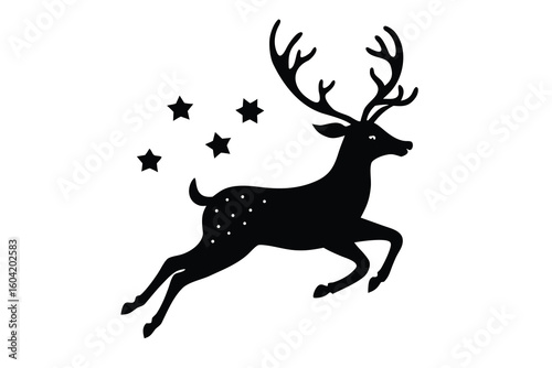 Elegant Black Silhouette of a Leaping Spotted Deer with Antlers and Stars Around