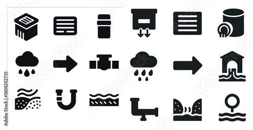 Water management silhouette icons set – solid, filled, drainage, pipeline symbols
