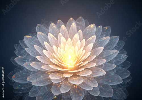Luminous ethereal fractal flower blooms with inner golden light on dark blue background, radiating serenity and growth