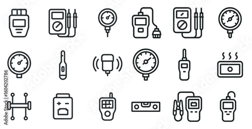 Measurement tools outline icons set – gauges, devices, precision symbols