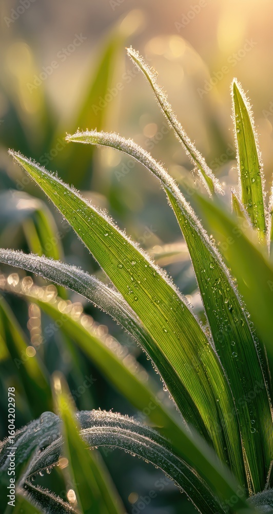 Obraz premium Close-up of frost-covered grass blades bathed in sunlight