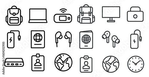Travel and utility outline icons set – linear, line, essential and device symbols