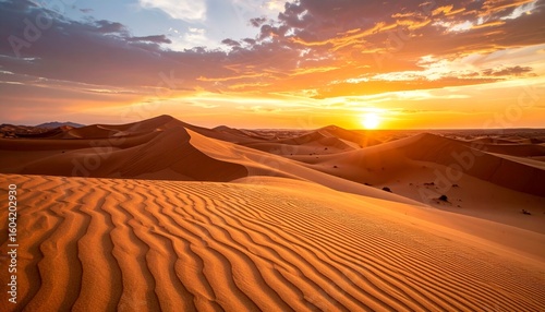 Desert landscape with sand dunes, wind-carved textures, and a dramatic orange sky during golden hour, sense of vastness and quiet