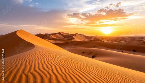 Desert landscape with sand dunes, wind-carved textures, and a dramatic orange sky during golden hour, sense of vastness and quiet