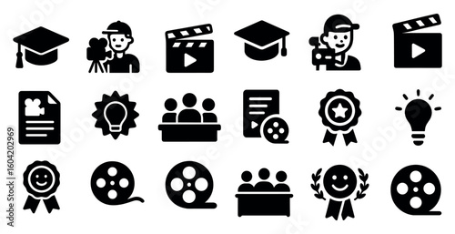 Education and film silhouette icons set – creative, solid, academic symbols