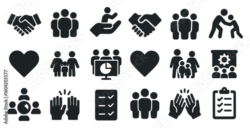 Community and teamwork solid icons set – silhouette, collaboration, social symbols