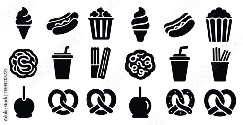 Snack and fast food silhouette icons set – solid, filled, culinary symbols