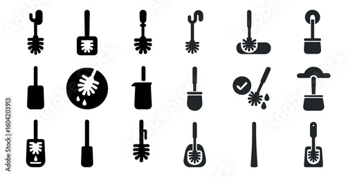 Cleaning tools icons set – solid, filled, brush and sanitation symbols