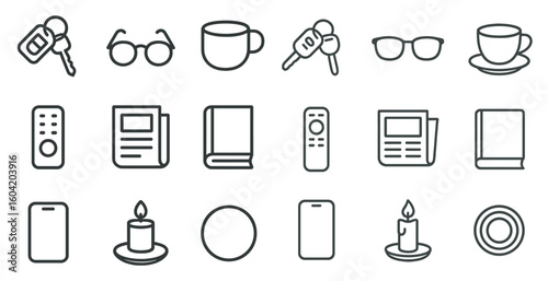 Everyday object outline icons set – line, minimalist, daily use symbols