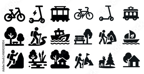 Outdoor adventure silhouette icons set – hiking, camping, nature symbols
