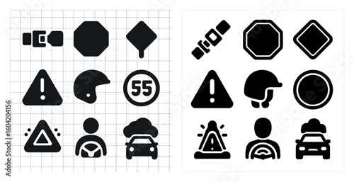 Traffic and safety silhouette icons set – solid, filled, road and warning symbols