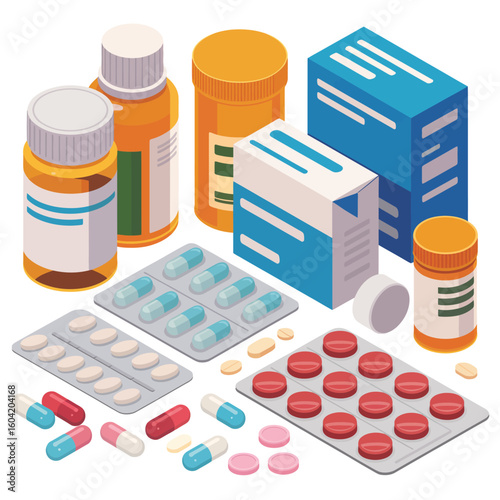 Collection of various pharmaceutical products including bottles pills and blister packs