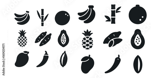 Tropical fruits silhouette icons set – filled, solid, exotic and fresh symbols