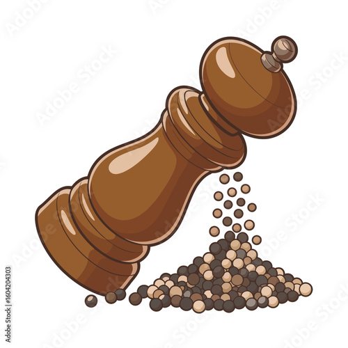 Wooden pepper mill grinding peppercorns onto a pile of spices
