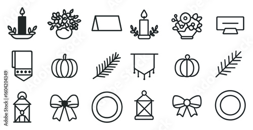 Home decor outline icons set – line, linear, style and interior design symbols