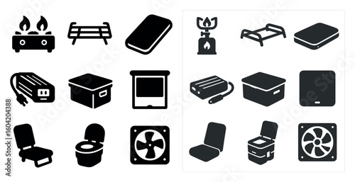 Outdoor camping solid icons set – filled, silhouette, adventure gear symbols