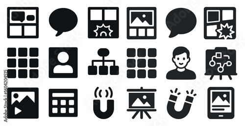 Communication solid icons set – filled, messaging, chat and interaction symbols