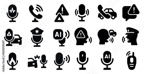 Communication solid icons set – filled, ai, safety and alert symbols