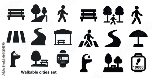 Walkable cities silhouette icons set – solid, urban, pedestrian symbols