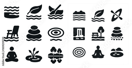 Nature and outdoor solid icons set – silhouette, meditation, wellness symbols