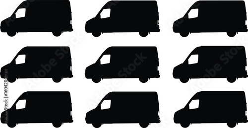 Delivery van silhouette set, cargo transport vehicle vector, commercial van clipart, black side view van icons collection.