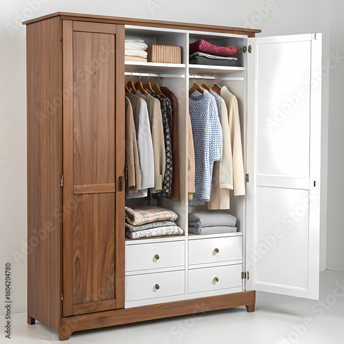 Wooden Wardrobe with Drawers: Three-Door Armoire, Clothing Storage, Bedroom Furniture