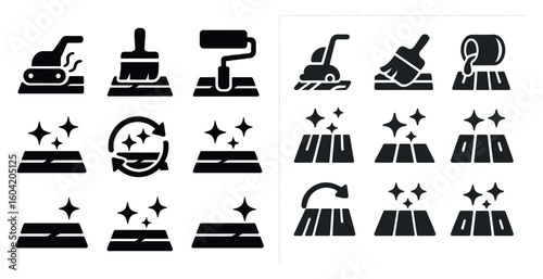 Floor cleaning solid icons set – filled, maintenance and hygiene symbols