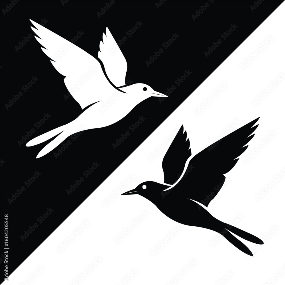 Fototapeta premium Artistic vector design of two swallow birds flying, one in black and one in white, with a split diagonal contrast background. Perfect for branding, freedom themes, and minimalist decor.
