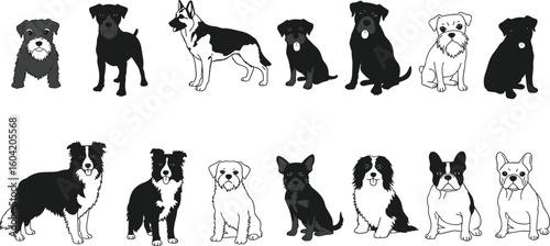Dog breed vector collection, black and white dog illustrations, German Shepherd, Border Collie, French Bulldog, Schnauzer, Frenchie, cute puppy icons.
