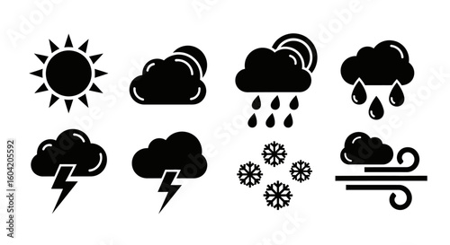 Set of weather icons showing sun, clouds, rain, snow, lightning, and wind.