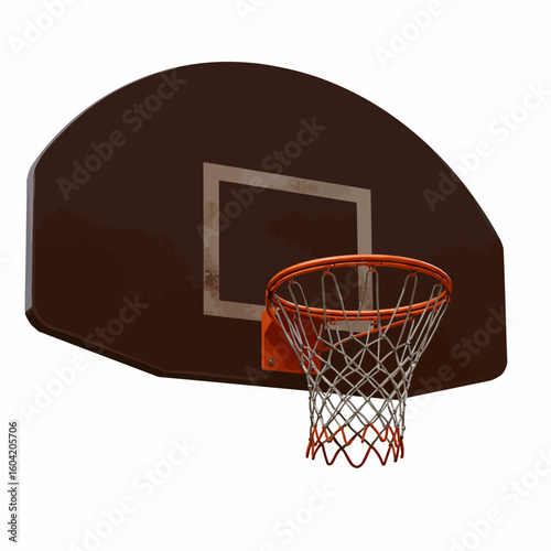 Weathered Basketball Hoop Isolated on White Orange Net Brown Backboard.