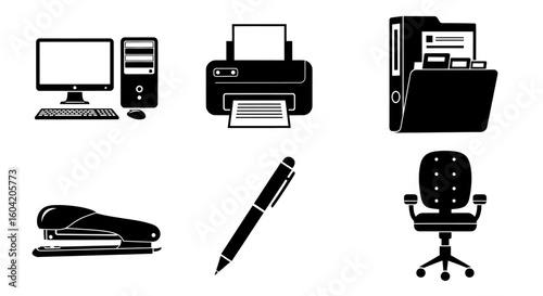 Black and white office supply icons, including computer, printer, and file folder.