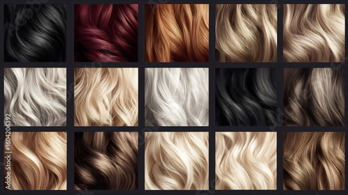 Hair color palette chart, different natural hair texture samples from black burgundy brown blonde platinum silver for salon reference and color selection.