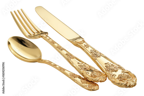 Elegant gold cutlery set featuring a knife fork and spoon with intricate floral designs for fine dining
