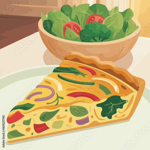 Delicious slice of quiche with a side of fresh green salad